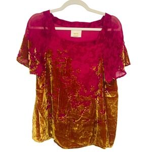 Maeve Anthropologie Size M Pink Gold Velvet Burnout Floral Top Fairy Sheer Fall